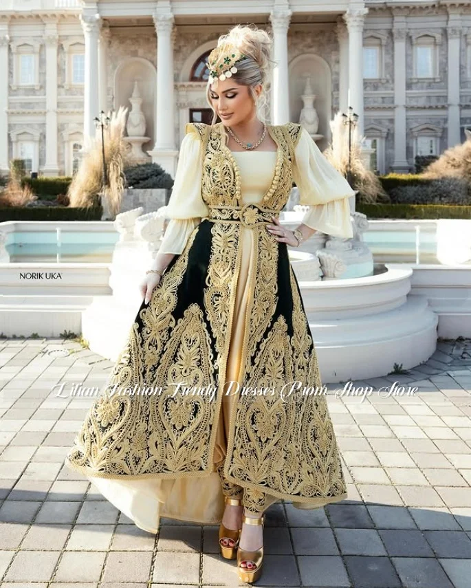 Customized Dark Green Algerian Wedding Dress Printed Traditional Arab Bridal Gown Formal Evening Gown Wedding Party Dress