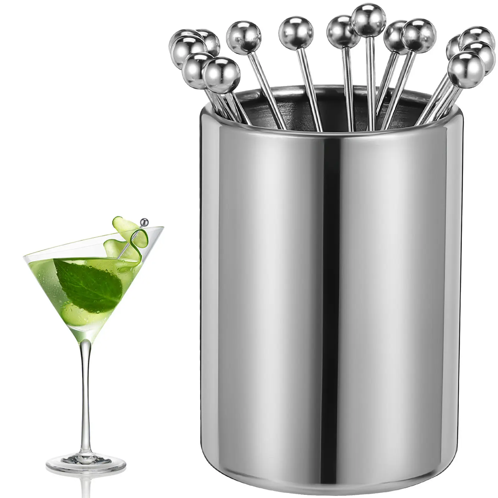 Juego de Palillos para Cócteles de Acero Inoxidable con Soporte, Palillos para Aperitivos, Frutas, Postres, Aceitunas, Barbacoa, Palillos para Comida de Fiesta