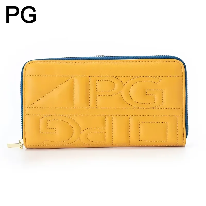 PG Fashion Stitch Embossed Long Purse Gold Metal Zipper Multiple Card Slots Soft Leather Daily Clutch Wallet