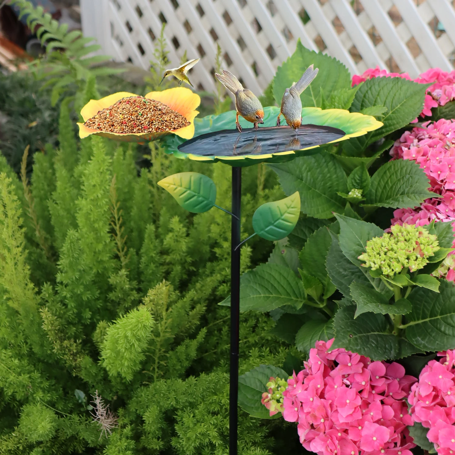 1pc Garden Metal Bird Bath Tub, 28 inches tall - Freestanding, removable bird bath tub/feeder with delicate leaf pattern. Sturdy