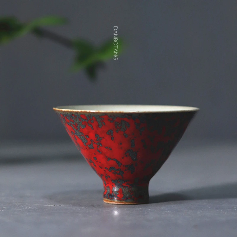 Jingdezhen Handcrafted High Temperature Glass Cup with War-Style Red Glaze Ceramic Owner Cup