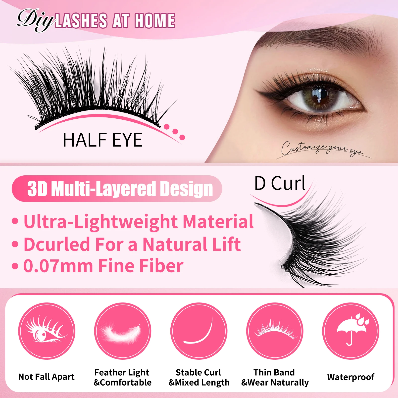 10 Pairs DIY Half Strip Lashes Kit 3D Multi-Layer D Curl False Eyelashes with Bond and Seal Tweezers Brush Natural Lightweight L