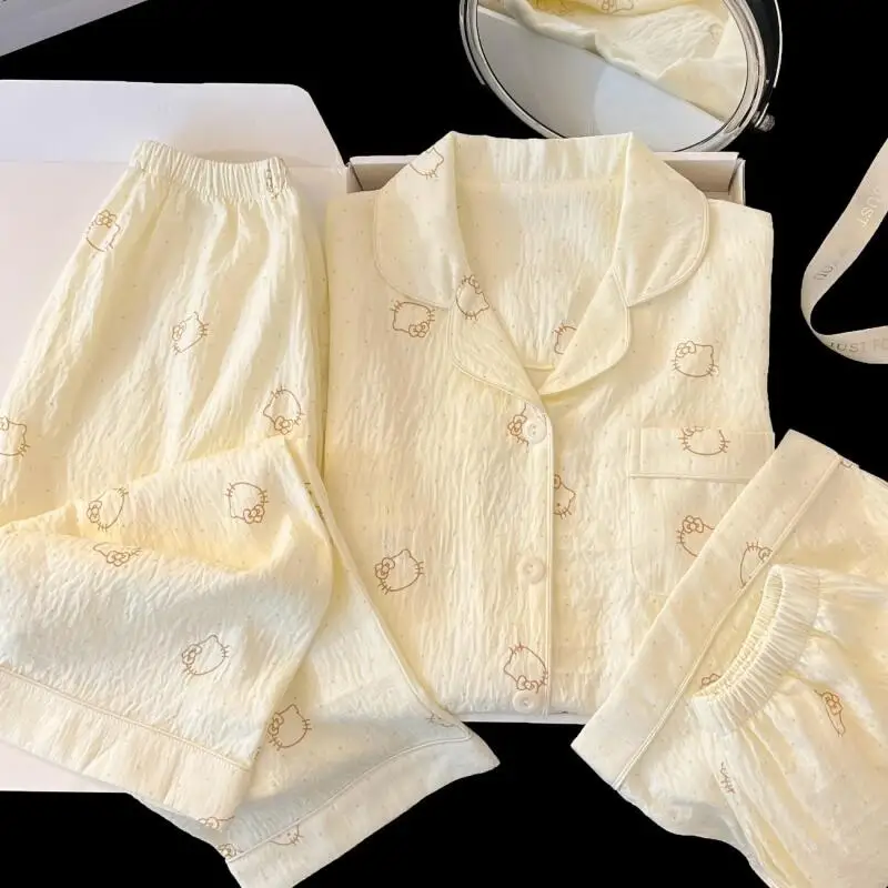 

Новый комплект пижамы для девочек: весенне-осенний комплект из трех предметов с коротким рукавом, длинными брюками и шортами, домашняя одежда для студенток, женский, милый, мягкий.