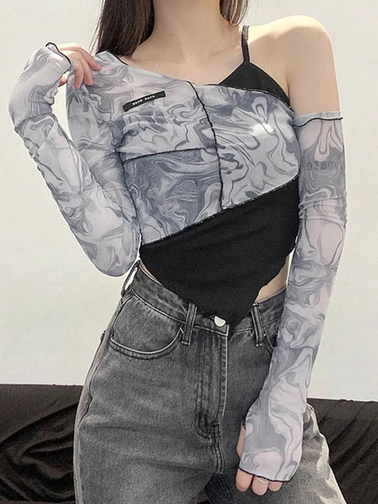 Asymmetrical Yamamoto Sleeve T-Shirts Women Sexy Cute Slope Neck Ruffles Fashion Tide Autumn Crop Tops 2023 Chic