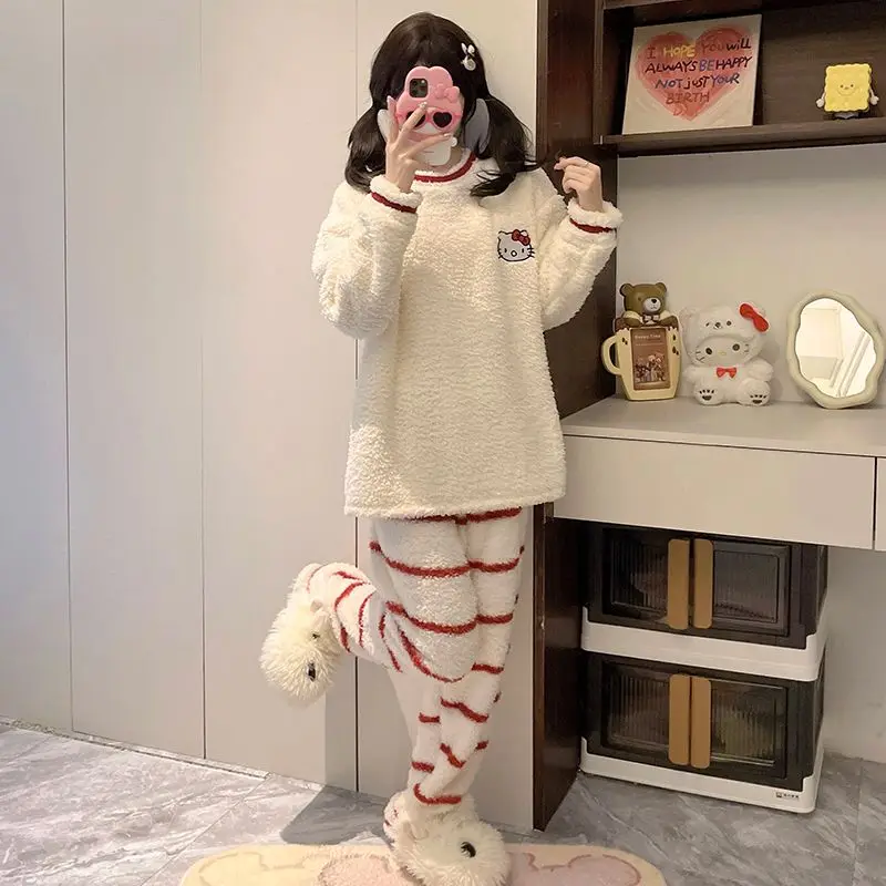 لطيف عارضة مريحة الكرتون HelloKitty نصف المخملية منامة للفتيات الخريف والشتاء سميكة المرجان المخملية الدافئة ملابس المنزل مجموعة #3