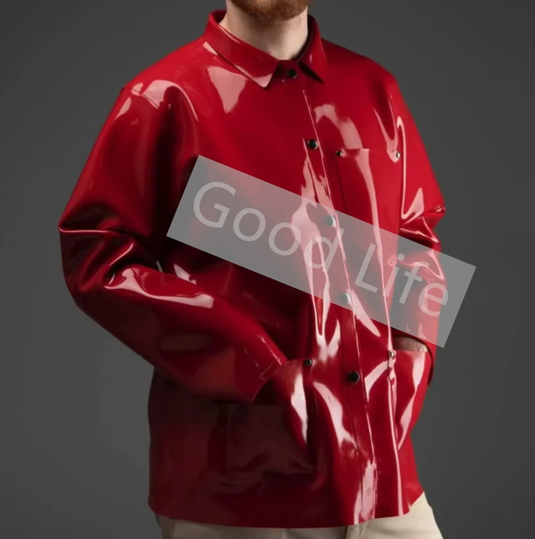 

100% Handmade Male Rubber Natural Latex Turn Down Collar Long Sleeve Jacket With Pockets Fetish Latex Male Casual Shirt Men Top
