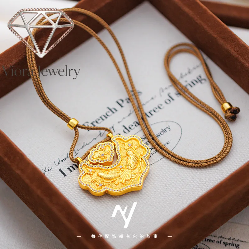 Viora Jewelry Luxury 9999 24K real gold ancient method micro-intact diamond ruyi lock bag pendant women's new Chinese-style rope