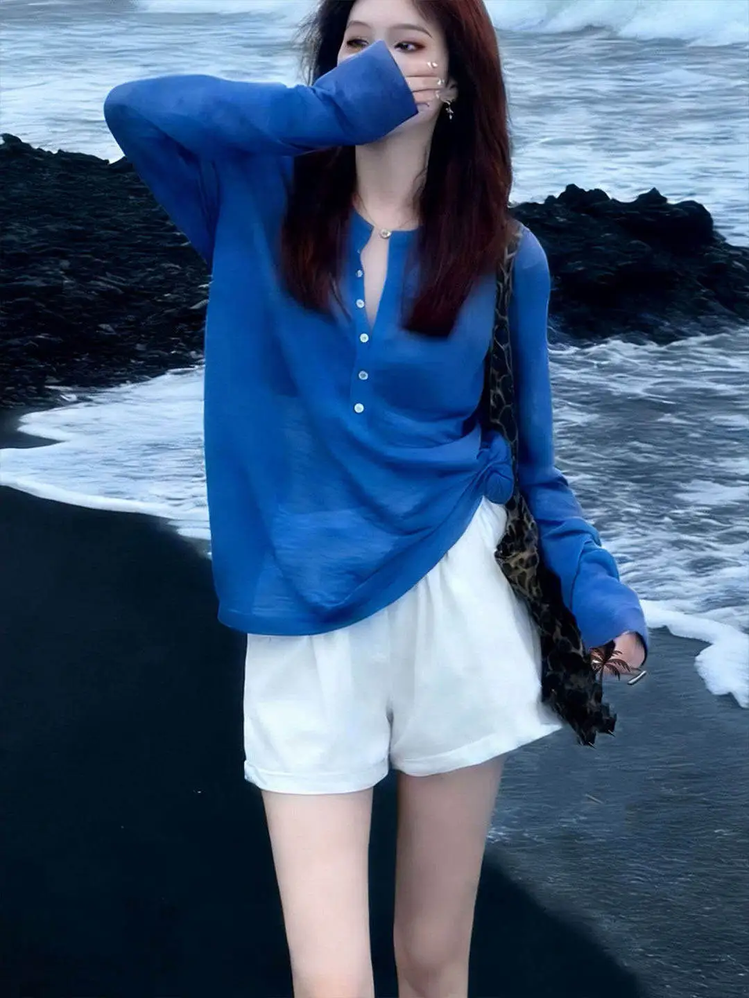 Klein Blue Long Sleeve T-Shirt Women Summer Loose Lace Beach Air Conditioning Cover up Small Size Outerwear Top Casual Style