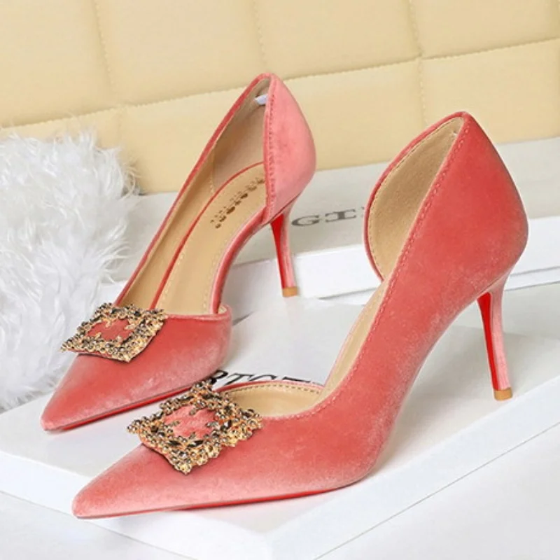 BIGTREE 2026 New Velvet High Heels Women Elegant Celebrity Style Pointed Toe Rhinestone Stiletto Single Shoes
