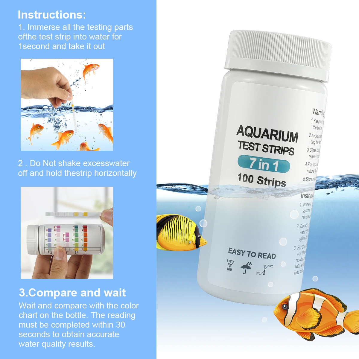 100pcs 7-IN-1 Aquarium Test Strips Fish Tank Test Kit Freshwater Saltwater Aquarium Water Test to Detect PH NO3 NO2 GH KH CI TCL