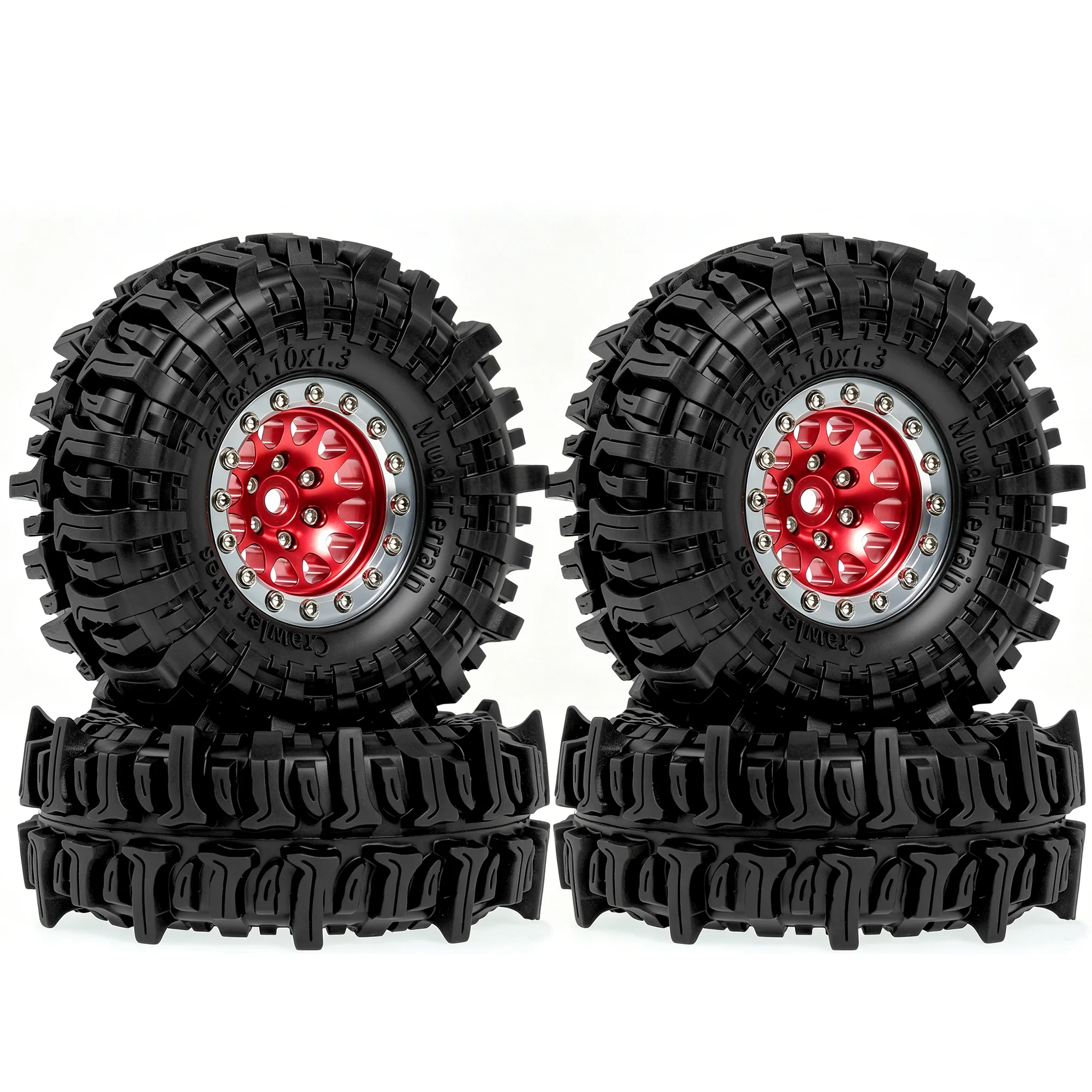 

1.3" Pre-Assembled Beadlock Wheels and Tires 70mm (2.75in) for SCX24 TRX4M 1/18 1/24 RC Crawlers – Aluminum Rims