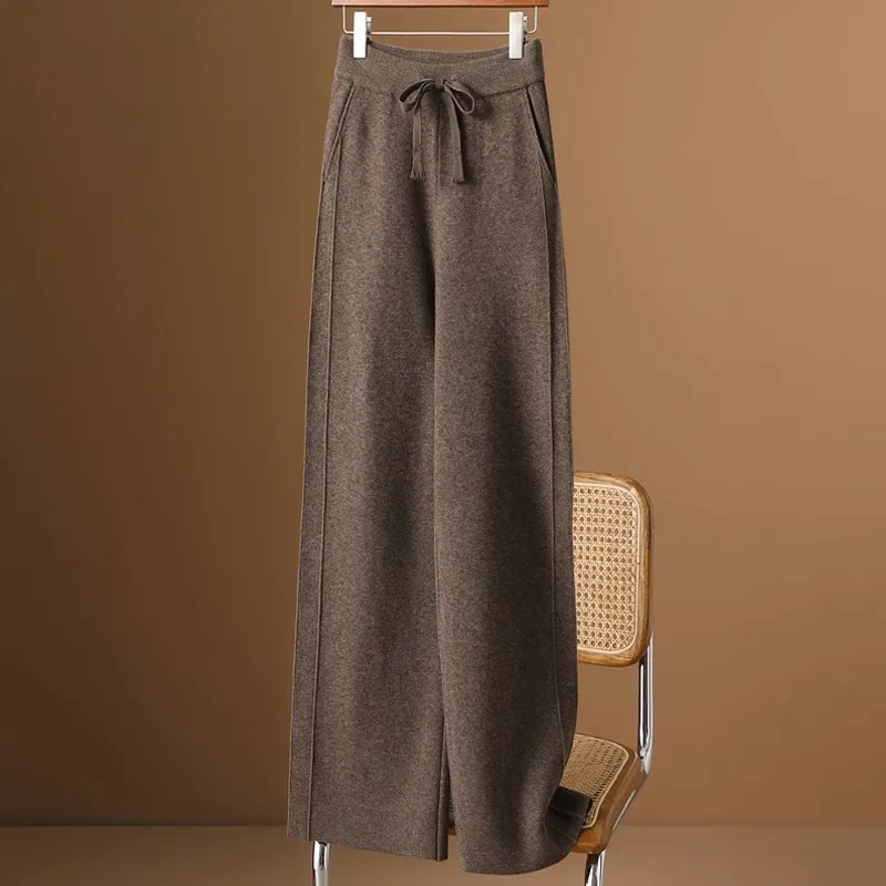 High Waist Wide Leg Woolen Pants Women's Deep ey Floor Length Trousers Spring Winter New Sle Slimming Casual Pants