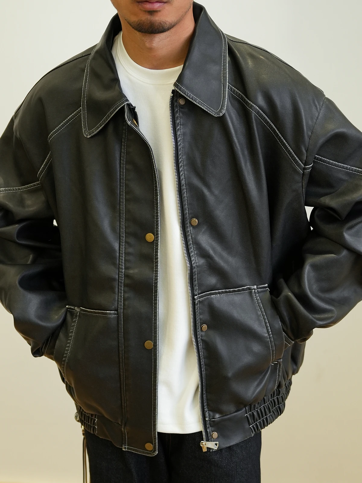 LAOYAN Original American Sle Motorrad Jaet PU Leder Vintage genähte Linie Herren Retro High Street Cool Ledermantel