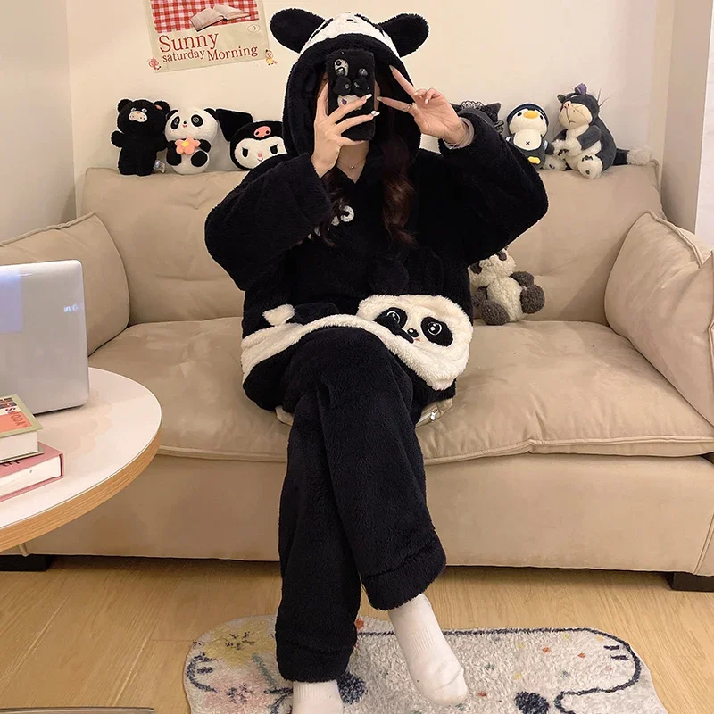 Winter Sleepwear Women Pajama Set Fleece Velvet Cute Panda Home Suit Plush Hooded Piiama Korean Warm Night Wear Homewear Pijama