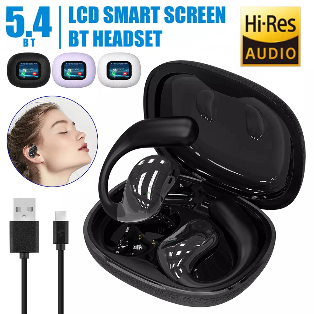 OWS Open Headphones Bluetooth 5.4 ANC Noise Cancelling Earphones LED Touch Screen HiFi Stereo Wireless Ear Hook Earbuds with Mic