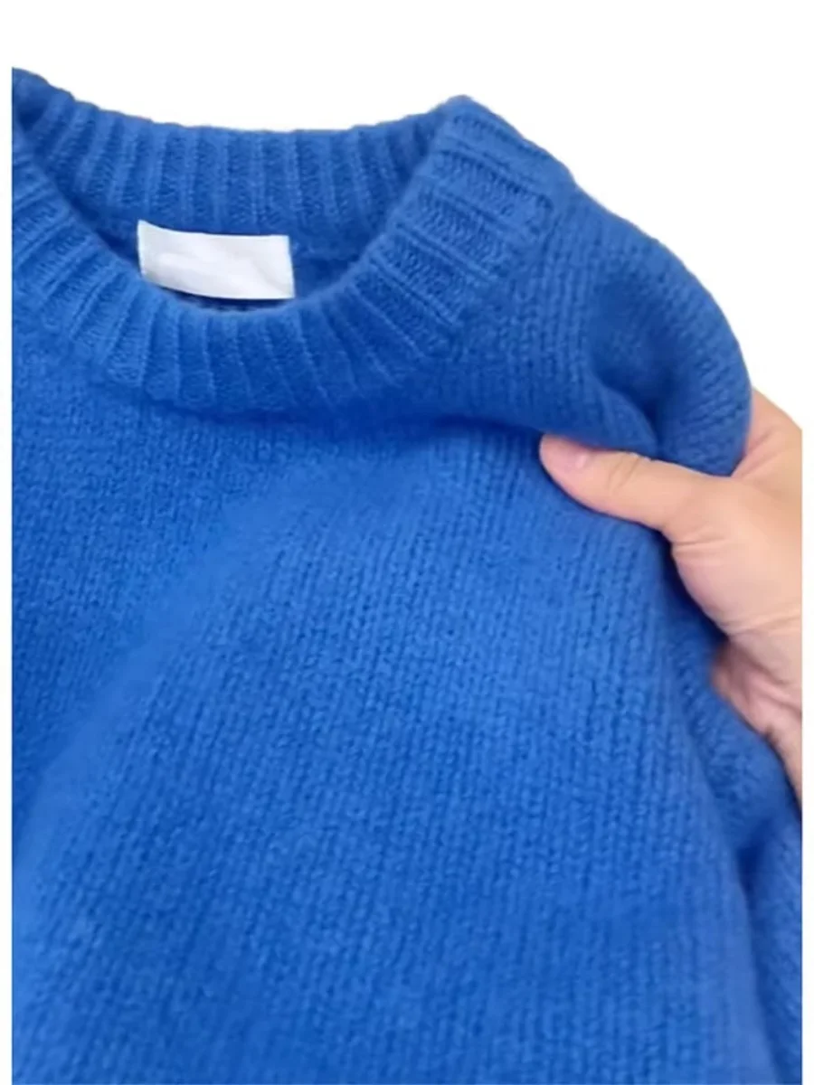 Suéter F de Tricô sso e io em Azul Profundo, Estilo Coreano, Pulôver de Gola Redonda, Confortável para Outono e ...