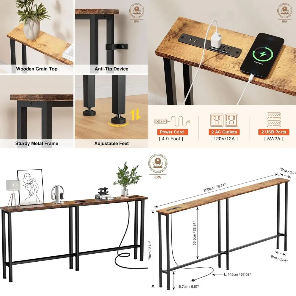 

Тонкий диванный столик 78 Slim Oak с розетками и USB-портами, металлический каркас, цвет рустик-коричневый, идеально подходит для прихожей, офиса и размещения за диваном - простая сборка