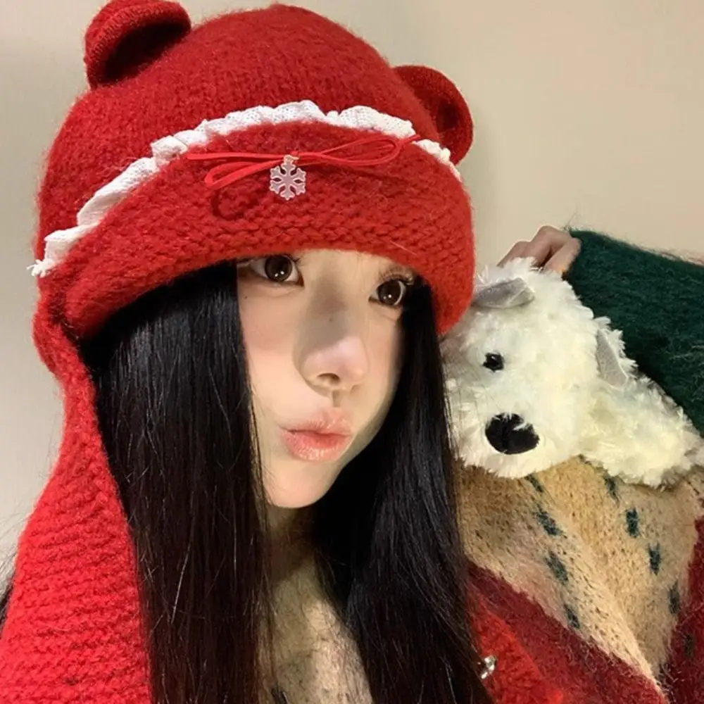 

Fashion Sweet Bear Ear Knitted Hat Woolen Keep Warm Neck Collar Beanies Cap Solid Color Coldproof Pullover Cap Outdoor