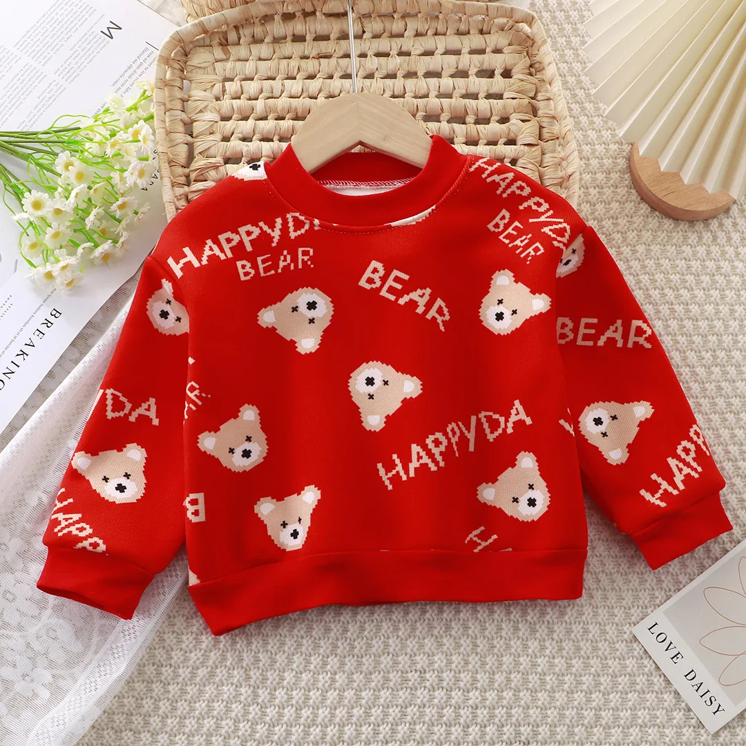 

Winter 0-6Y Baby Girls Boys Sweatshirt Thicken Warm Bear Print Kid Girls Tops Sweet New Year Girl Pullovers