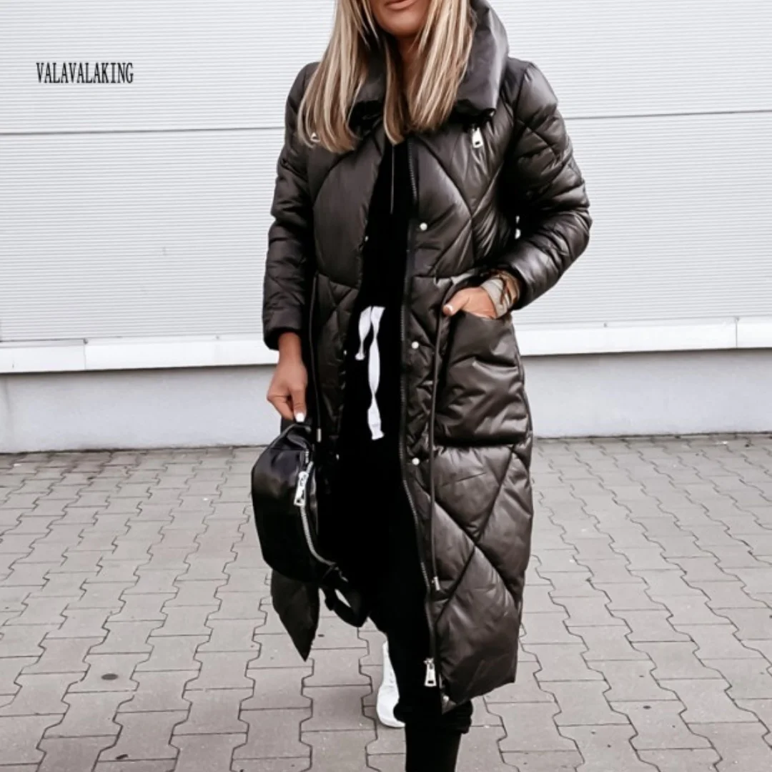 2025 Winter Solid Plus Size Long Coat Women Elegant Pocket Long Sleeve Jacket Lady Turn-down Collar Large Zipper Thick Warm Coat