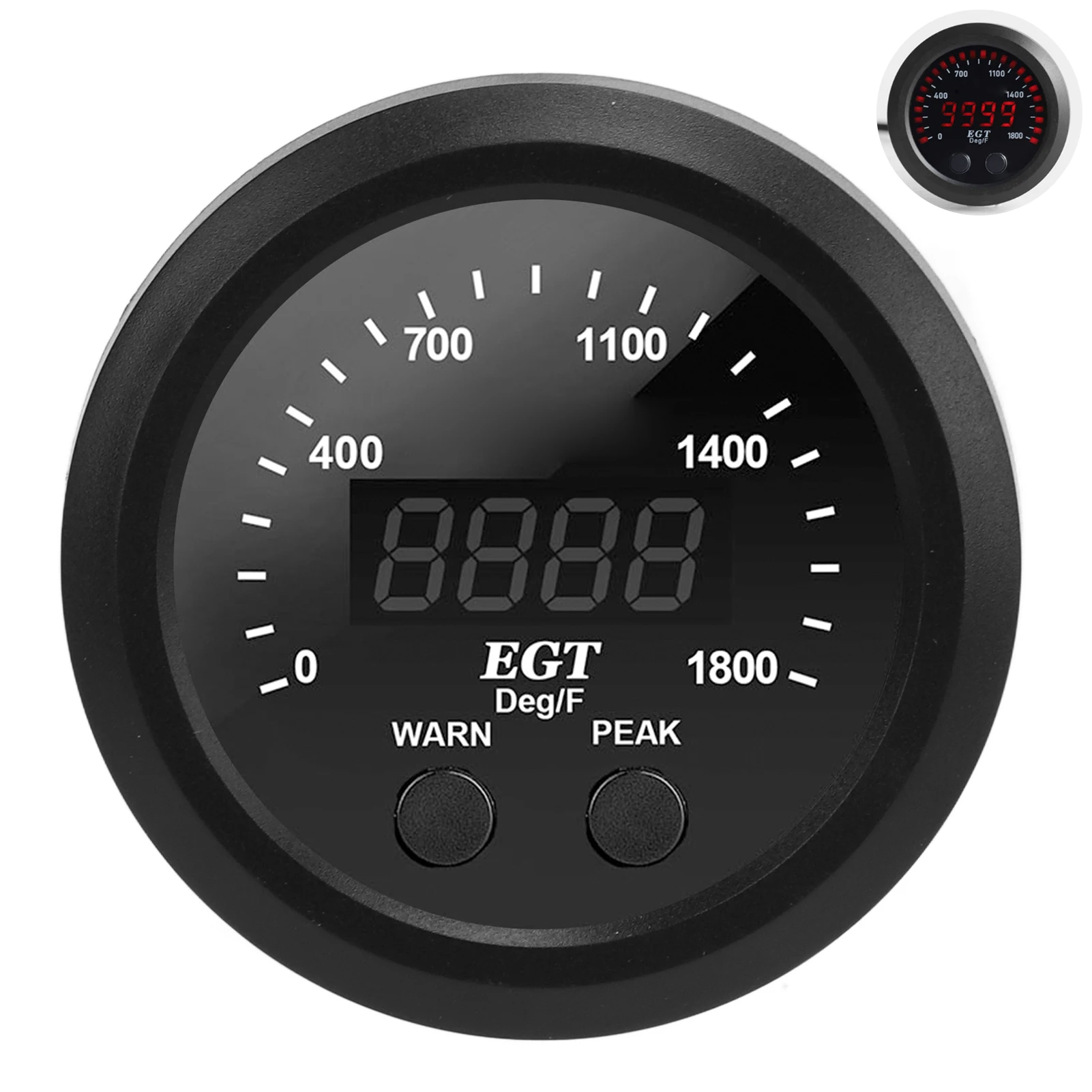 EGT Meter Car Exhaust Gas Temperature Gauge 2‑1/16in 52mm Ultra Thin 0‑1800℉ Red LED Universal with Sensor - view 3