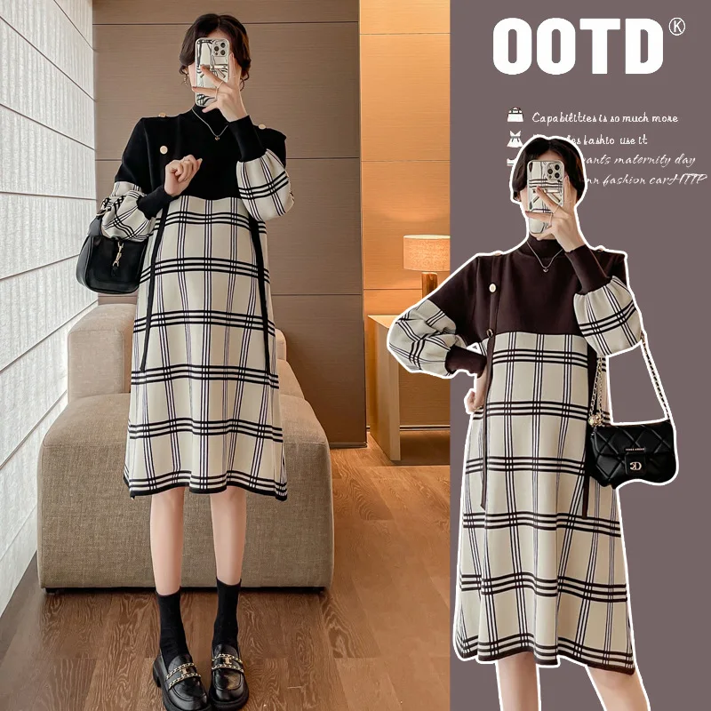 

2025 Warm and Elgant Pregnancy Dress Winter Thick Knit Plaid Midi Dress Loose Fit Maternity Outfit Comfortable Stylish Plus Size