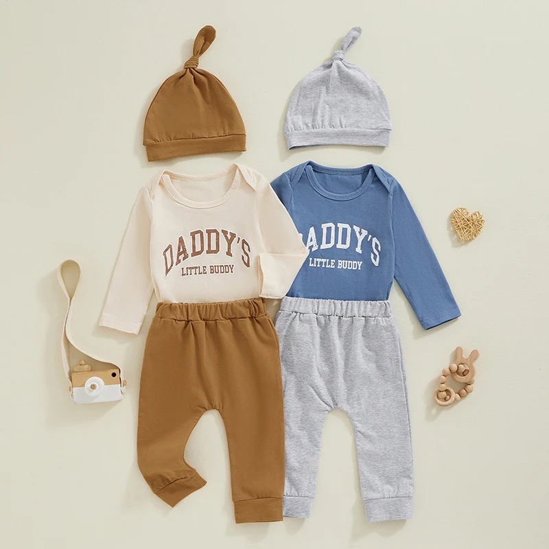 

2024-06-24 Lioraitiin 0-18M Baby Boys Fall Outfits Letter Print Crew Neck Long Sleeve Rompers Long Pants Hat 3Pcs Clothes Set