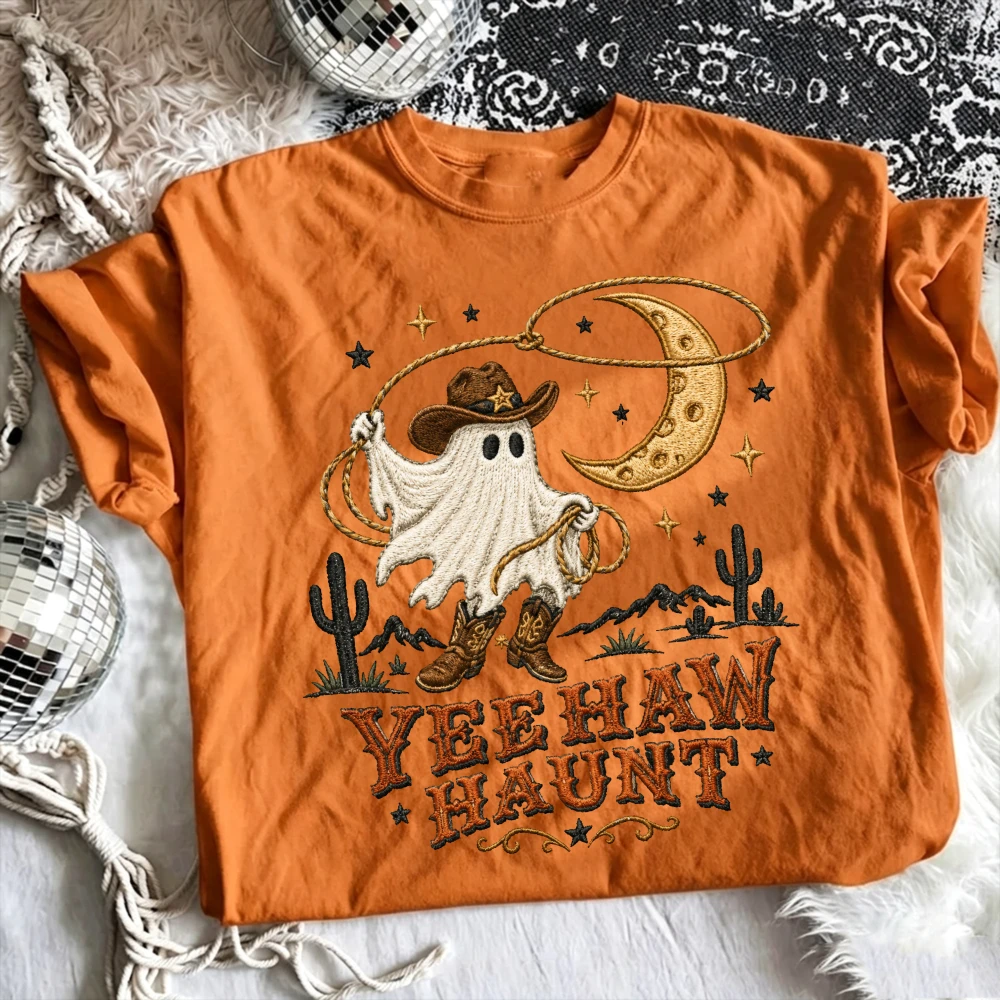 Yeehaw Haunt Ghost T Shirt Western Cowboy Cowgirl Halloween Graphic Tee Cotton Short Sleeve Spooky Season Country Tops