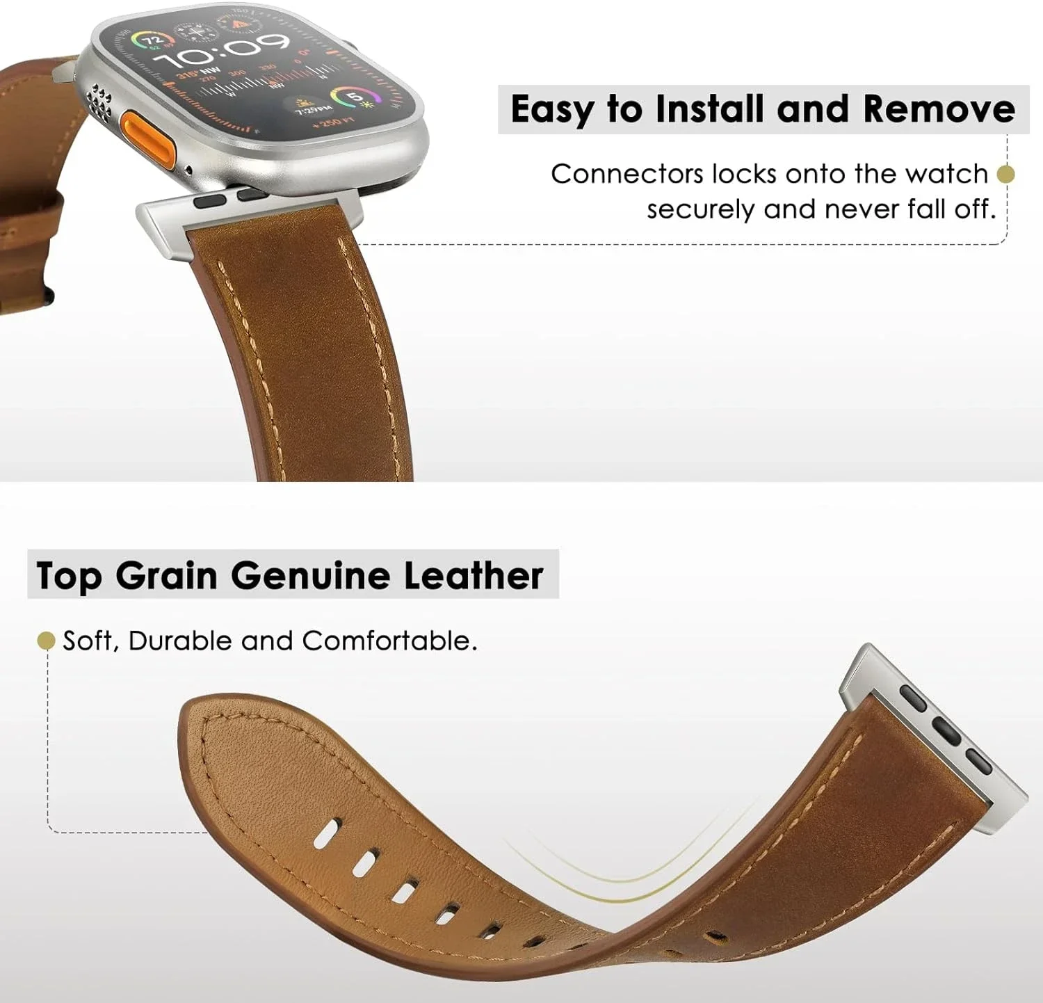 Genuine Leather Strap for Apple Watch Ultra 2 49mm 10 46mm 9 8 7 SE 6 5 4 Luxury Bracelet for IWatch 44mm 45mm Mens Band Correa