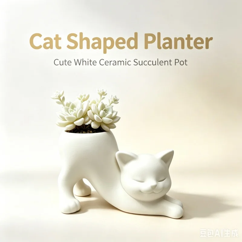 3D Printed Cute Stretching Cat Shaped Succulent Planter White Cartoon Animal Mini Plant Pot Home Window Sill Decor Ornament