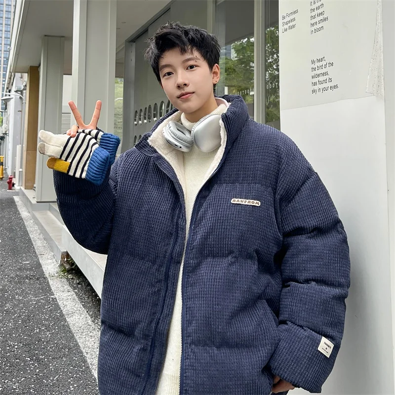 

Men's Winter Thiened Fce Lined Cotton Jaet Loose Fit Stand Collar Warm Coat American Retro Sle Casual Wear