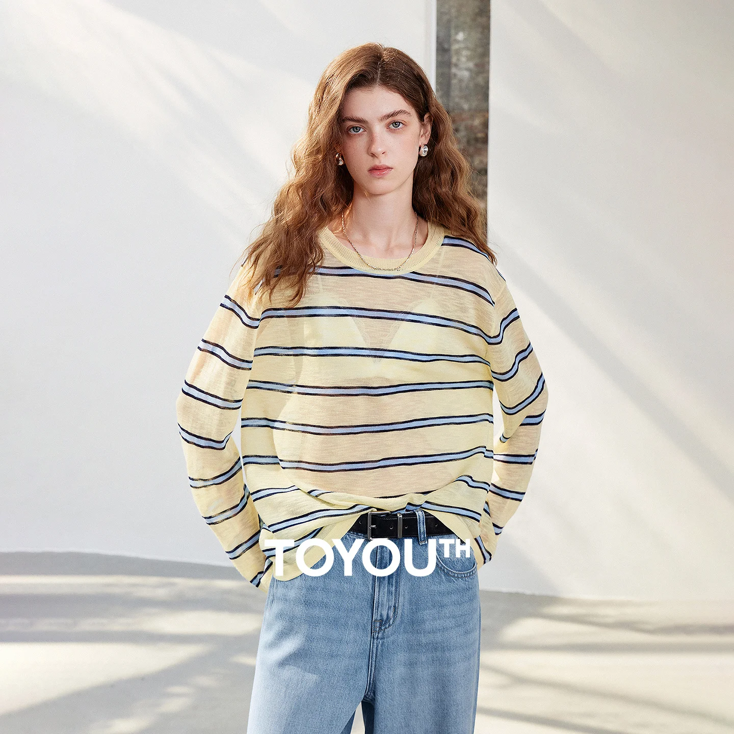 

TOYOUTH Women Knitwear 2026 Summer New Bamboo Knot Hemp Striped Round Neck Loose Top