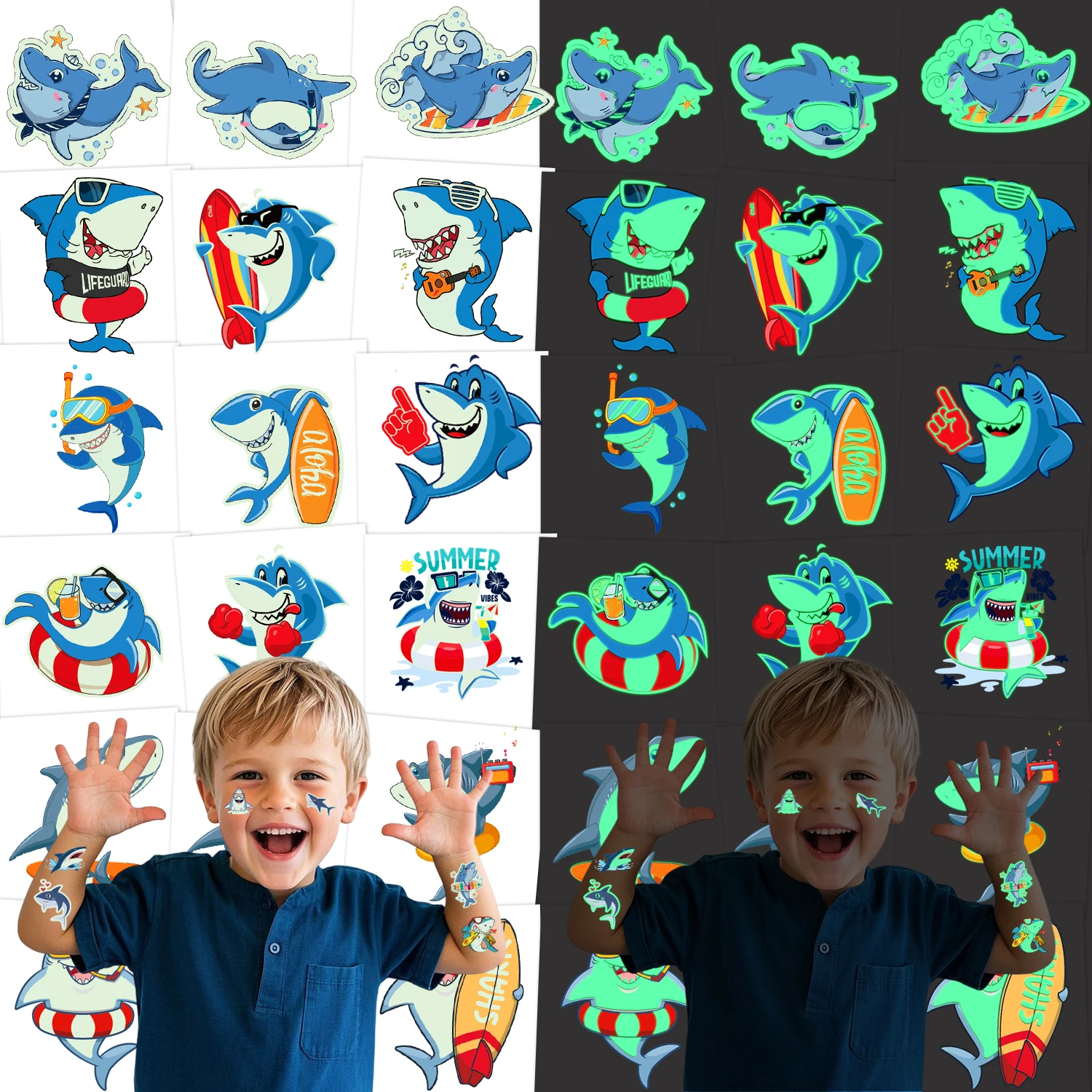 

10 Glow-in-the-Dark Shark-Themed Temporary Tattoos, which can be used as themed decorations, gifts and prizes.