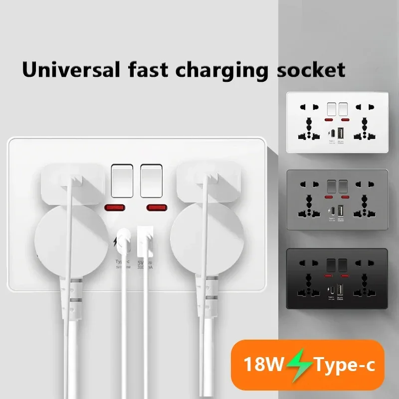 18W Type-C Plug Quick Charging Universal 5-pin Dual Power Socket,UK Standard 13A Wall Socket with DC 5V 3.1A Type-c USB Charger