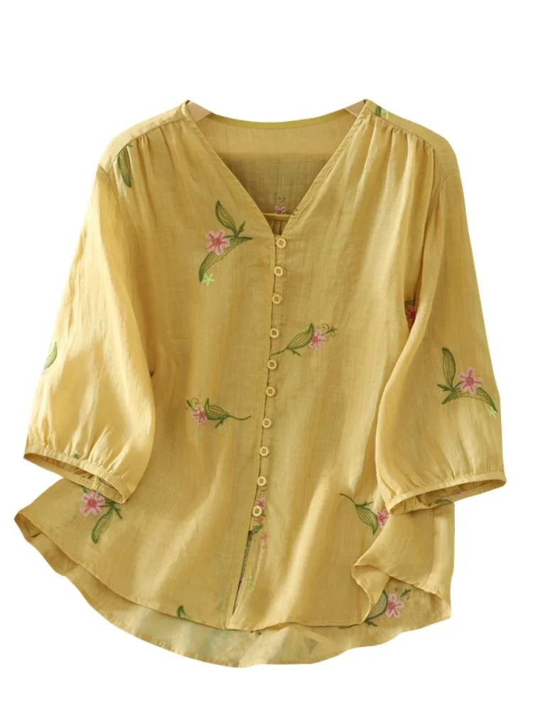 Nuovo cinese Sle Cotone Lino ricamato V-ne irt Donna Estate plus Size Dimagrante Faionable Age-defng f Sve Top