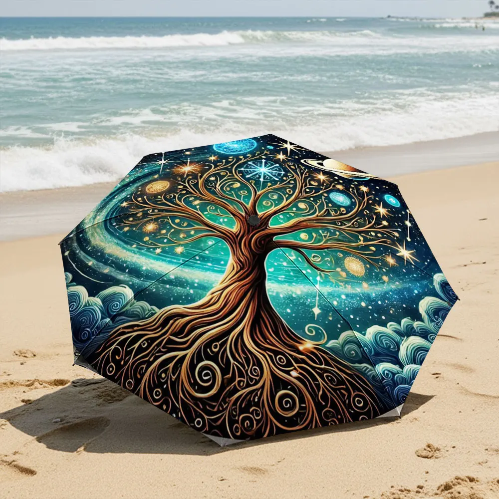 Mystical Cosmic Tree and Planets Umbrella Design Compact Fashion Folding Umbrella for Daily Use, Christmas Gift