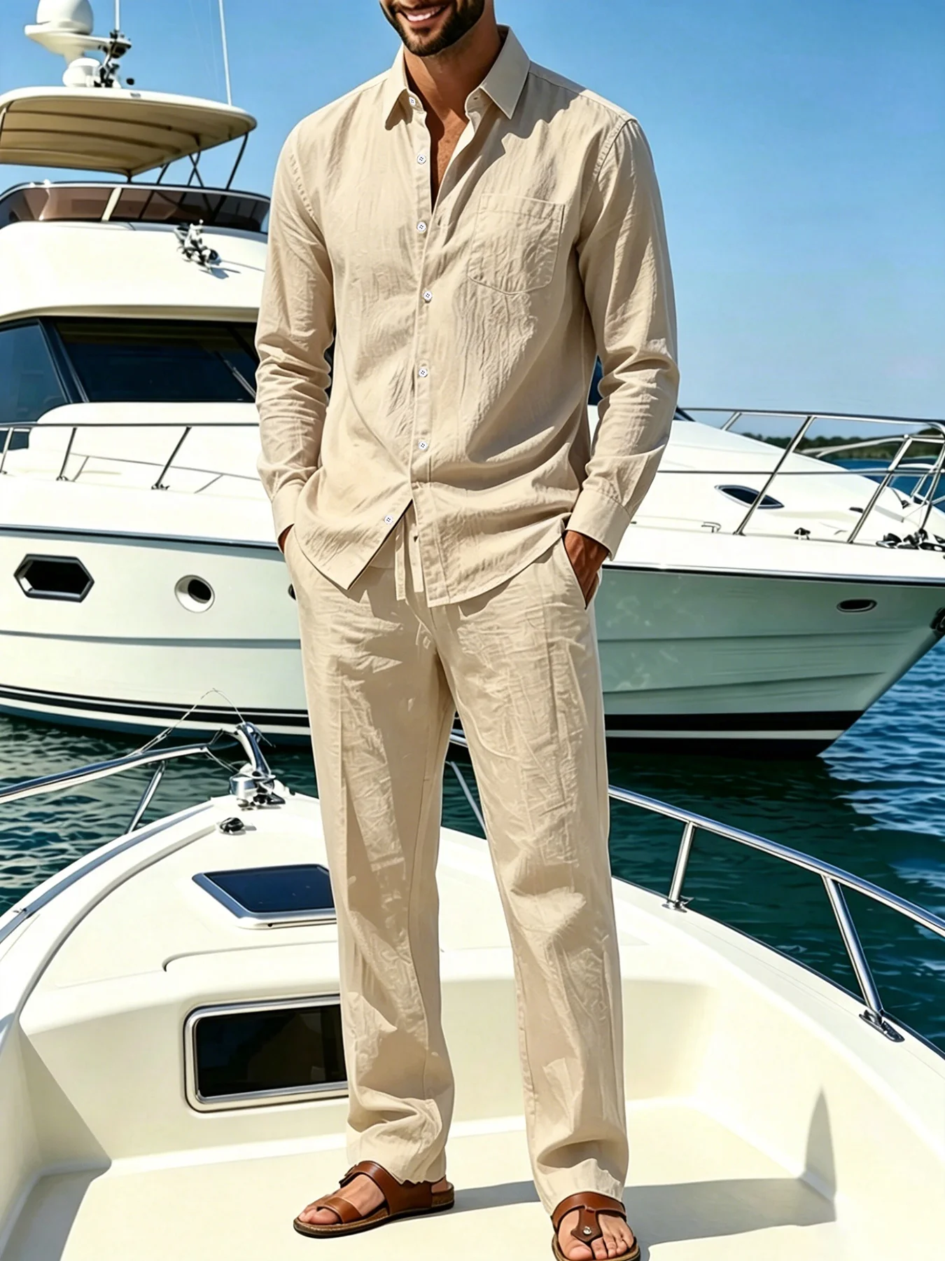Men's Linen Shirt And Pants Long Sleeve Button-Down Casual Loose Fit Summer Vacation Beach Wear Outfit 1/2pieces