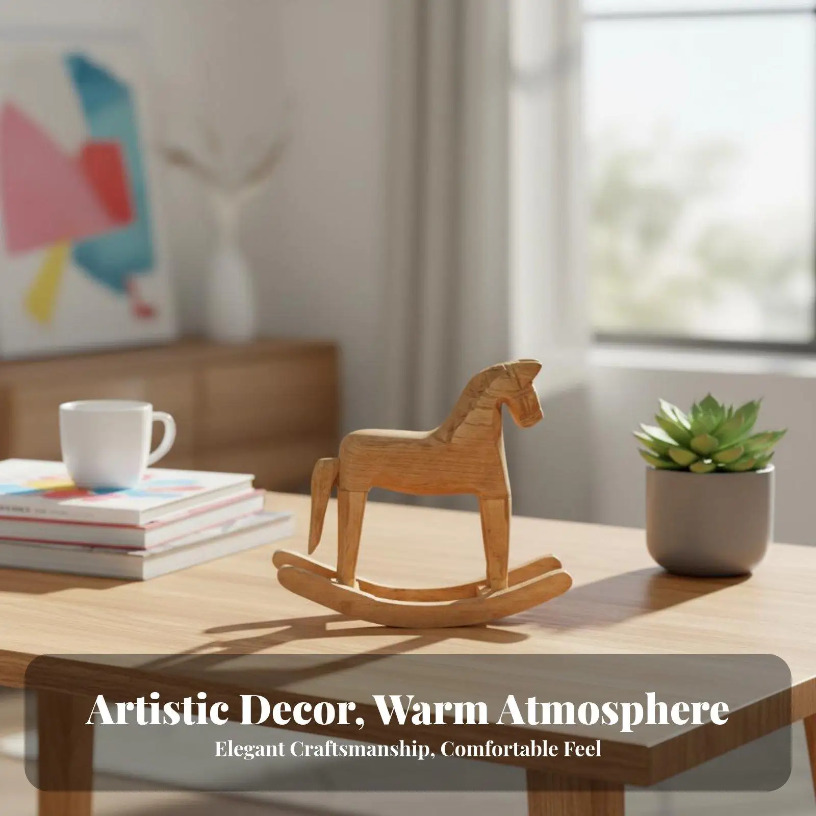 Nordic Wooden Rocking Horse Decor Handcarved Solid Wood Miniature Horse Statue Rustic Wood Products for Living Space