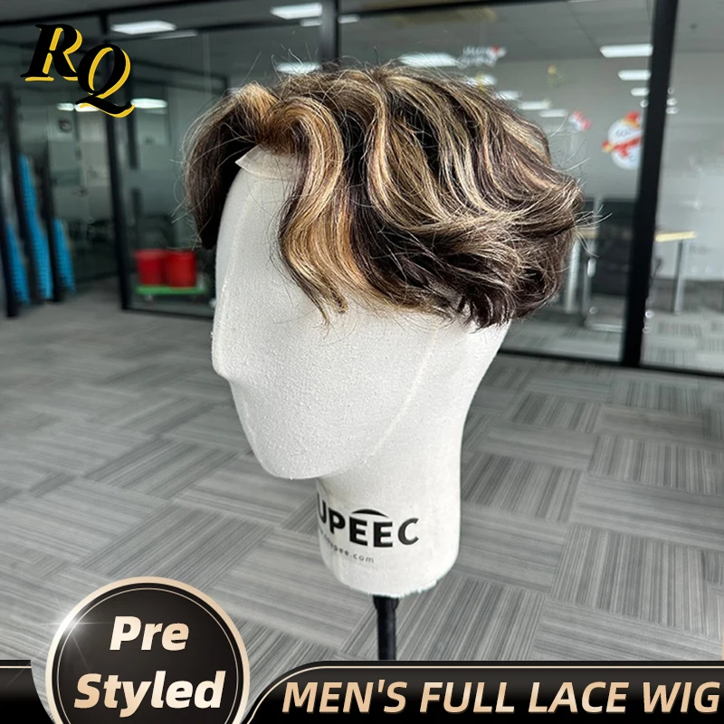 Pre Styled Human Hair Topper Full Lace Base Toupee Colored 100% Real Human Hair Male Wig Replacement Toupee Hair Prosthesis