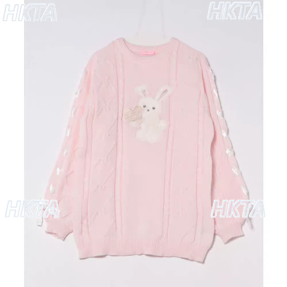 Estilo japonés Patchwork dibujos animados lindo conejo esponjoso suéter de punto vestido de mujer 2025 invierno nuevo dulce Lolita suéteres de longitud media
