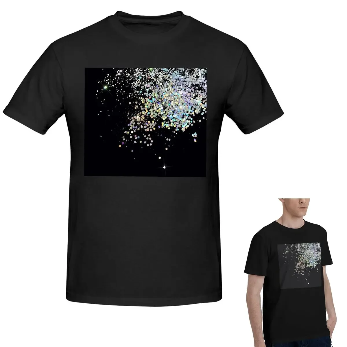 

100% Cotton Black And Holographic Sparkle T-Shirt Men's Funny Oversized T Shirt Men Round Neck Summer Shirts Tops S-6XL