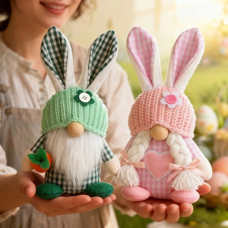 1 Stück Oster-Karierter Hasenohren-Gesichtsloser Gnom-Paar Deko Heim-Feiertagsornament Festliche Requisite Figur für Wohnzimmer Schlafzimmer