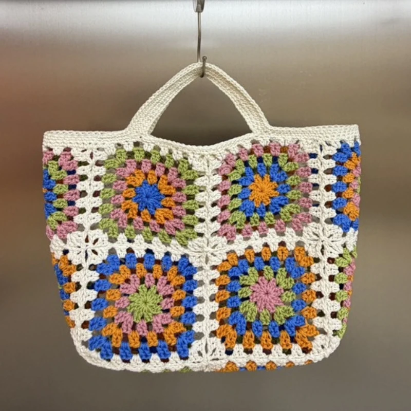 Ethnic Style Handmade Cotton Crocheted Tote Large Capacity Bohemian Floral  Knitted Handbag Summer Seaside Beach Shopping Bag