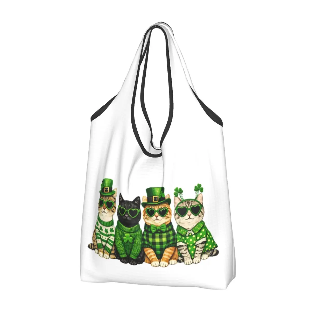 St Patrick's Day Cats Funny Lucky Day Shopping Bags Reusable Grocery Tote Bags Large Capacity Recycling Bags Washable Handbag