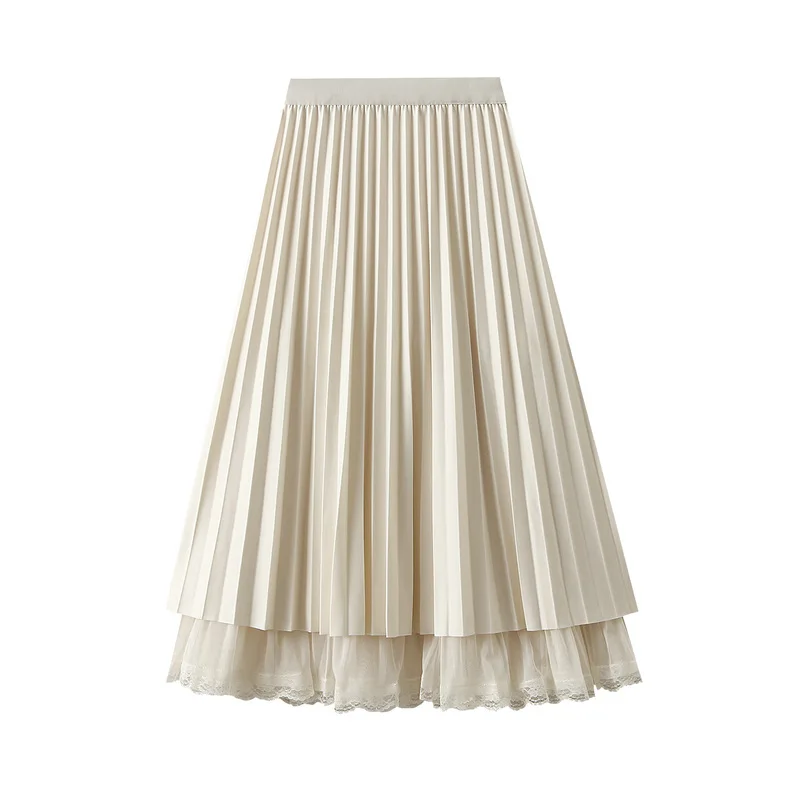 

Lace and lace half skirt for women in autumn, with a sense of drape and a long skirt with A-line pleats. Available on both sides
