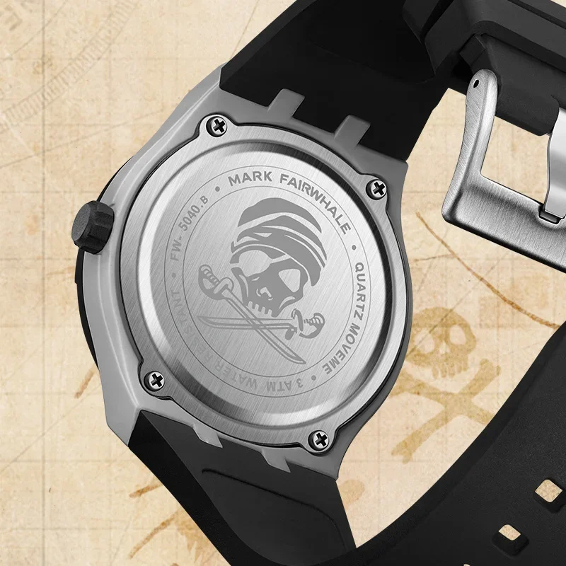MARK FAIRWHALE Uhren für Herren, 5040, Kunstharzgehäuse, Trend, drehbares Piraten-Zifferblatt, Silikonarmband, wasserdichte Quarz-Armbanduhren, Geschenkbox