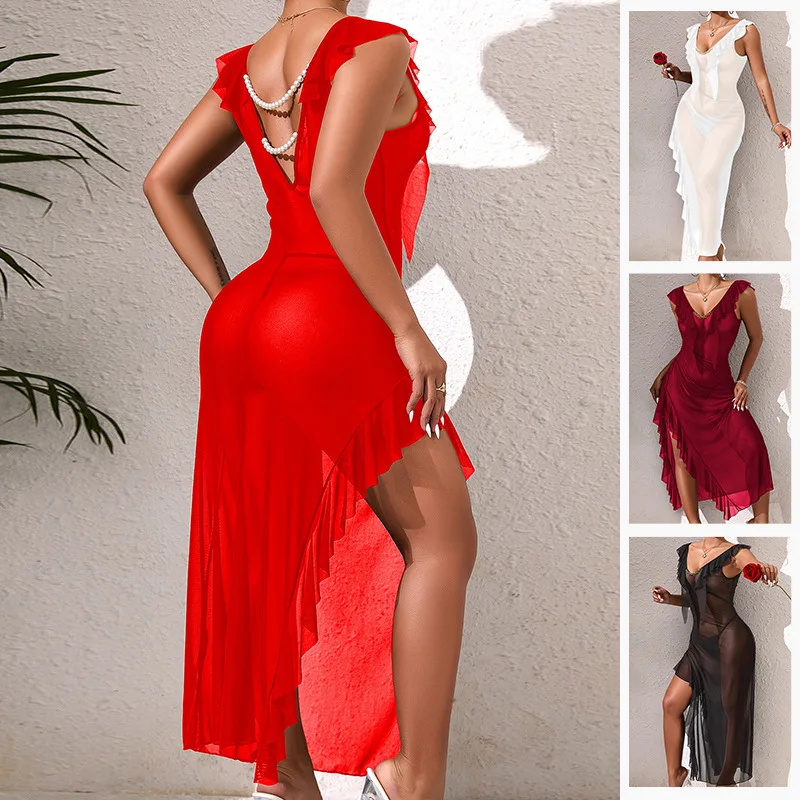 

Women's Sexy Mesh See Through Nightgown With Pearl Ruffle Edges And Irregular Slit Long Skirt For Women Pyjamas Femme Robe
