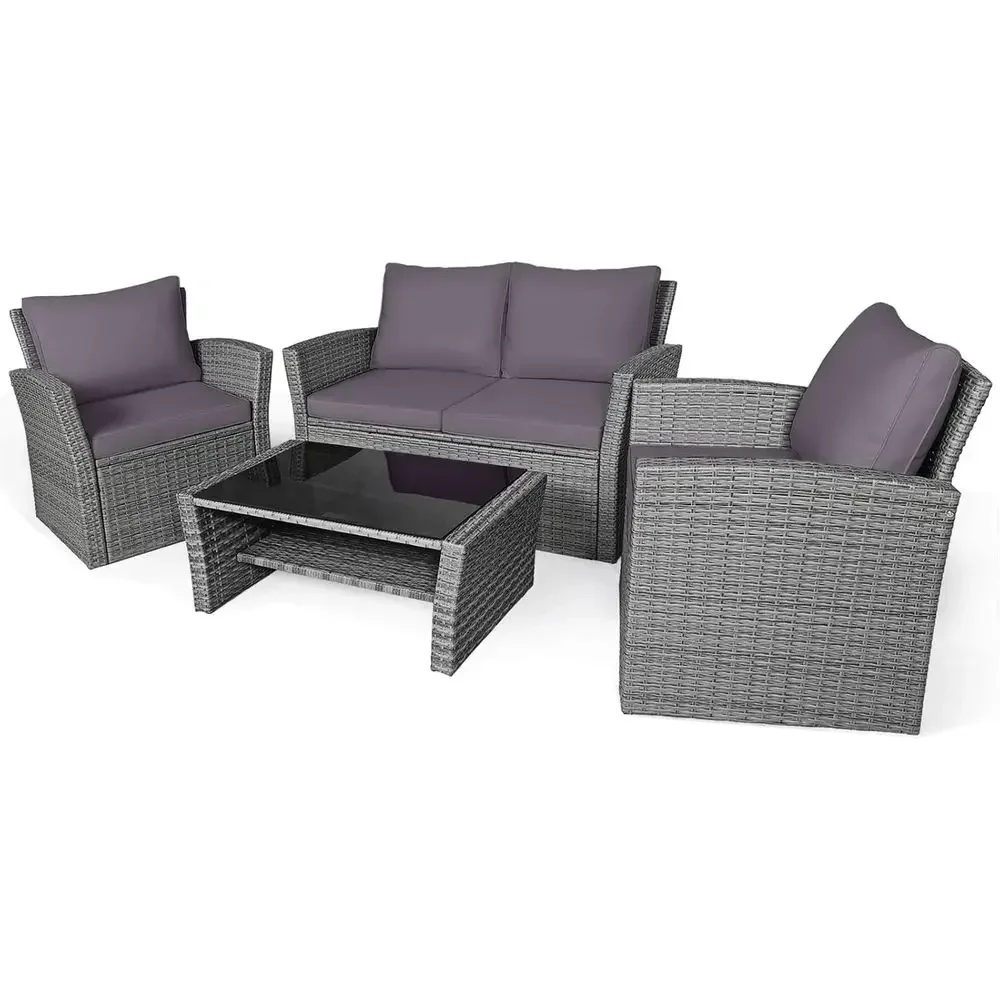All-Weather Outdoor Sectional Rattan Sofa Set with Cushions and Tempered Glass Table for Patio, Garden, and Poolside