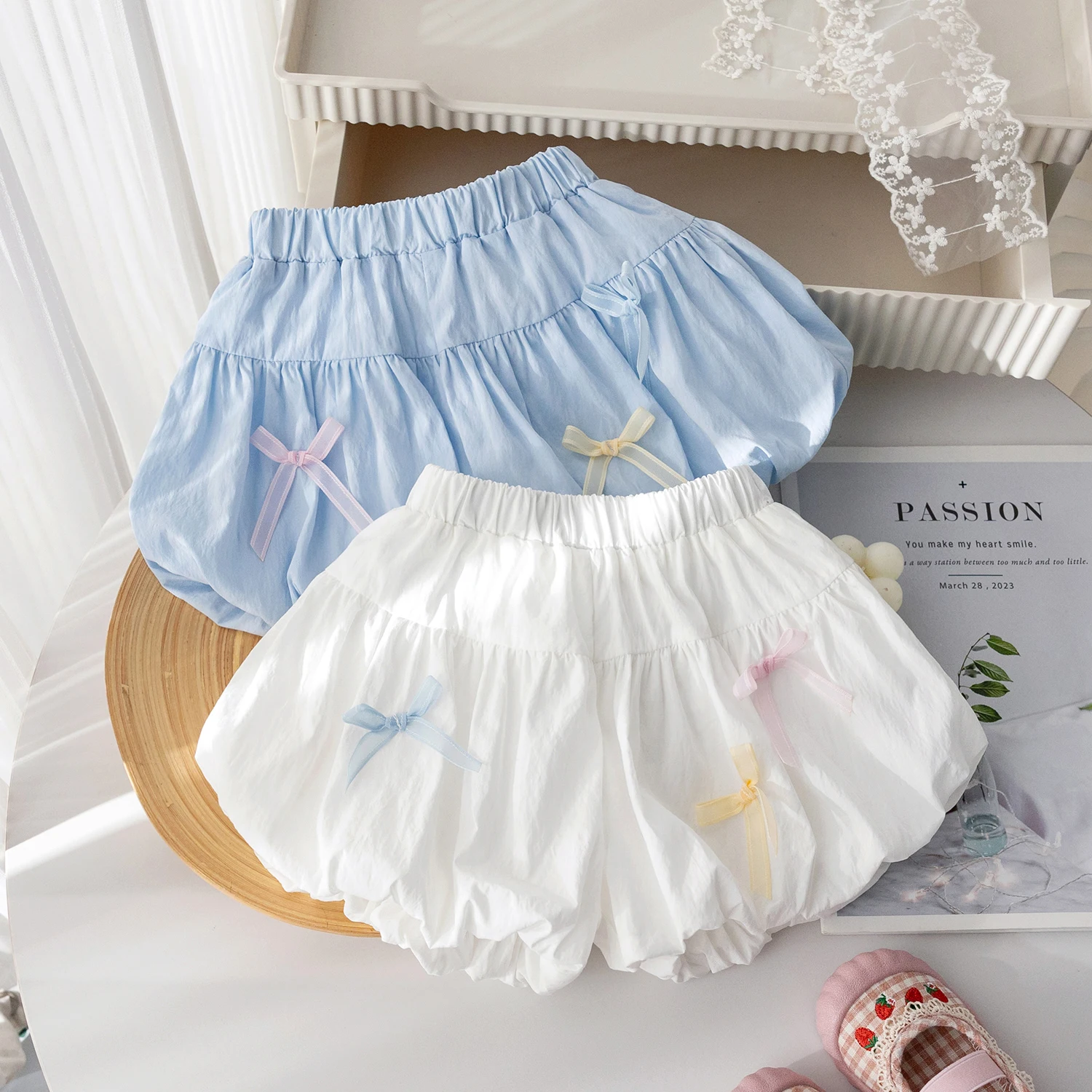 Cute Baby Girls Flower Bud Shorts Summer Elastic Waist Bow Loose Shorts Korean Style Casual Shorts Sweet Girls Clothes