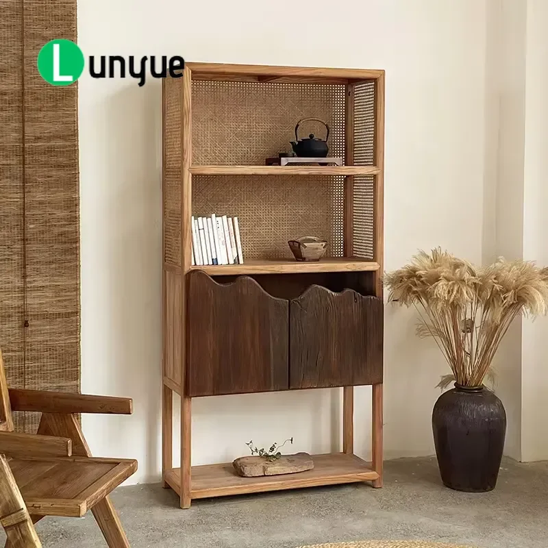 Rattan Bookshelf Cabinet Solid Wood Eco Friendly Durable Storage Shelf for Living Room Home Office Bedroom